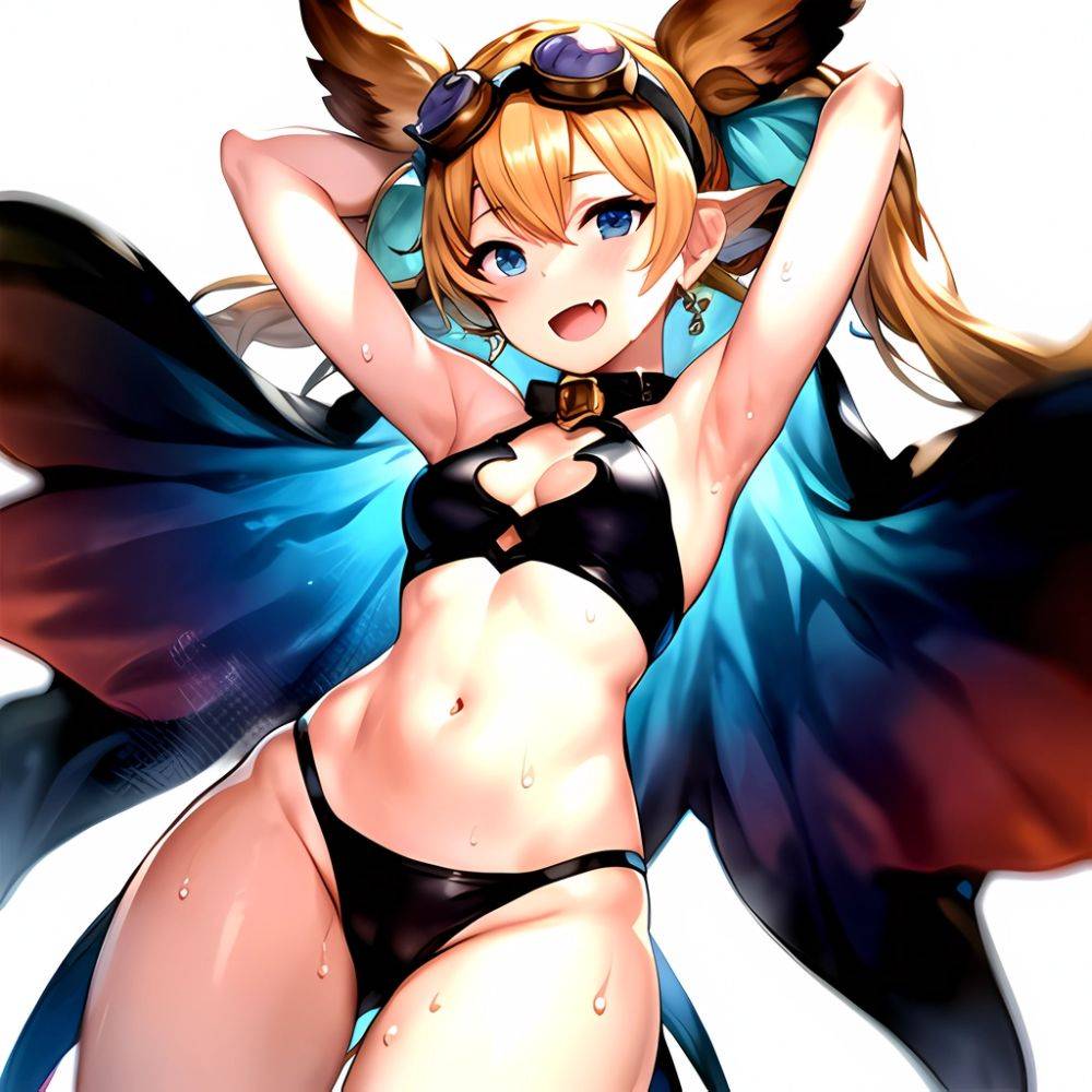 1girl Armpits Arms Behind Head Backlighting Bare Arms Bare Legs Blonde Hair Blue Eyes Blush Breasts Check Commentary Clothing Cu, 1054965128 - AIHentai - #main