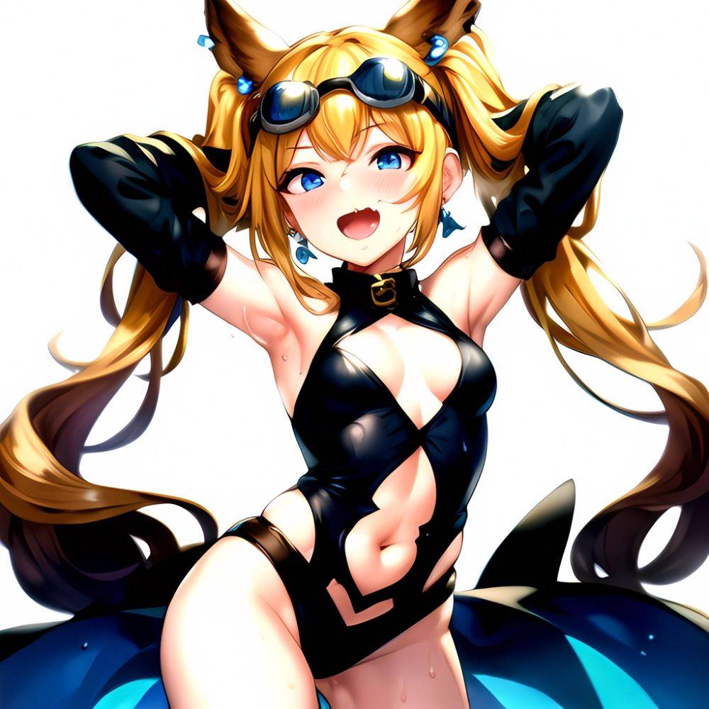 1girl Armpits Arms Behind Head Backlighting Bare Arms Bare Legs Blonde Hair Blue Eyes Blush Breasts Check Commentary Clothing Cu, 952274526 - AIHentai - #main