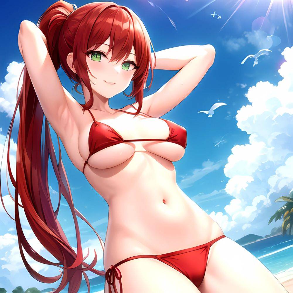 1girl Armpits Arms Behind Head Arms Up Bikini Breasts Closed Mouth Collarbone Covered Nipples Day Green Eyes Highres Jung Freud, 1844516459 - AIHentai - #main
