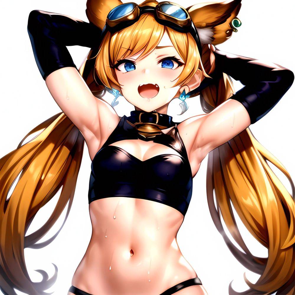 1girl Armpits Arms Behind Head Backlighting Bare Arms Bare Legs Blonde Hair Blue Eyes Blush Breasts Check Commentary Clothing Cu, 1648170419 - AIHentai - #main