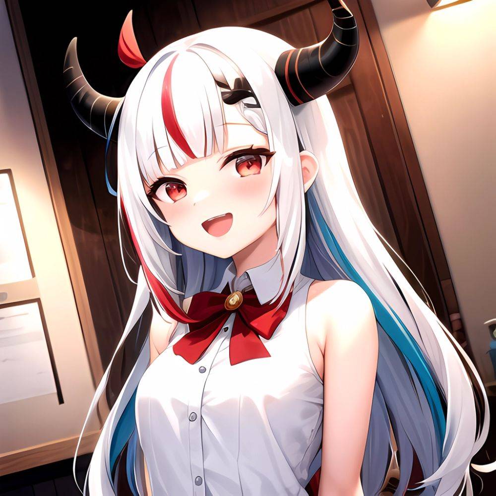 1girl Hololive Horns Long Hair Multicolored Hair Nakiri Ayame Open Mouth Smile Solo Streaked Hair Tonton Utaro White Hair Arms, 4279931668 - AIHentai - #main