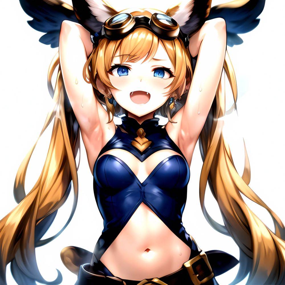 1girl Armpits Arms Behind Head Backlighting Bare Arms Bare Legs Blonde Hair Blue Eyes Blush Breasts Check Commentary Clothing Cu, 2015076064 - AIHentai - #main