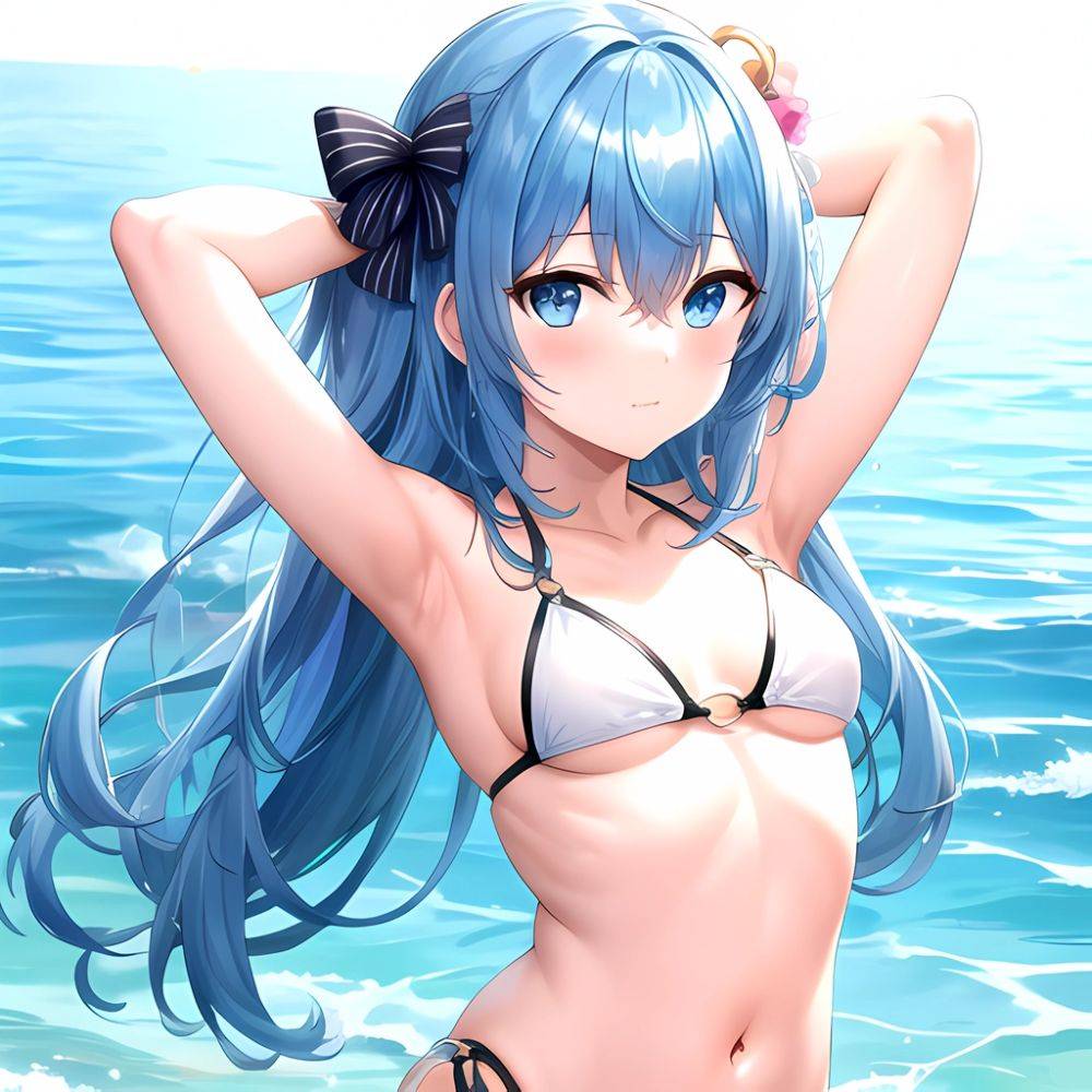 1girl Absurdres Arms Behind Head Bikini Blue Eyes Blue Hair Breasts Closed Mouth Hair Between Eyes Highres Hololive Hoshimachi S, 2896929902 - AIHentai - #main