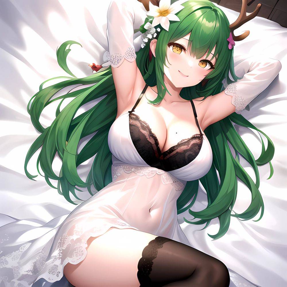 1girl Alternate Costume Antlers Armpits Arms Behind Head Bed Sheet Black Bra Black Thighhighs Bra Branch Breasts Ceres Fauna Cle, 3816588601 - AIHentai - #main