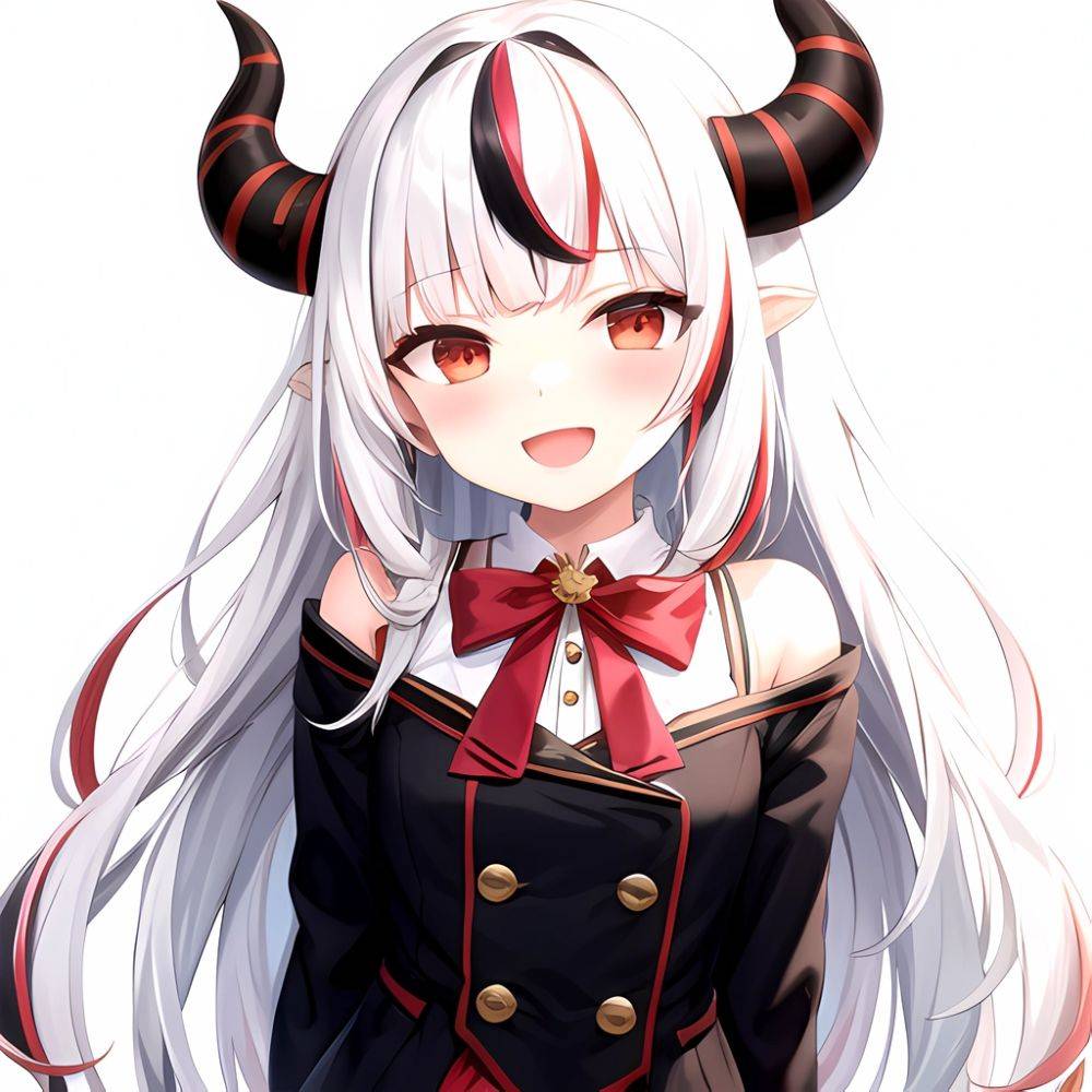 1girl Hololive Horns Long Hair Multicolored Hair Nakiri Ayame Open Mouth Smile Solo Streaked Hair Tonton Utaro White Hair Arms, 3949699568 - AIHentai - #main