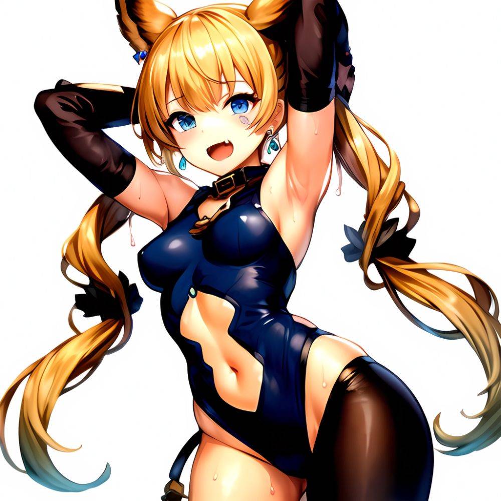 1girl Armpits Arms Behind Head Backlighting Bare Arms Bare Legs Blonde Hair Blue Eyes Blush Breasts Check Commentary Clothing Cu, 3700592875 - AIHentai - #main