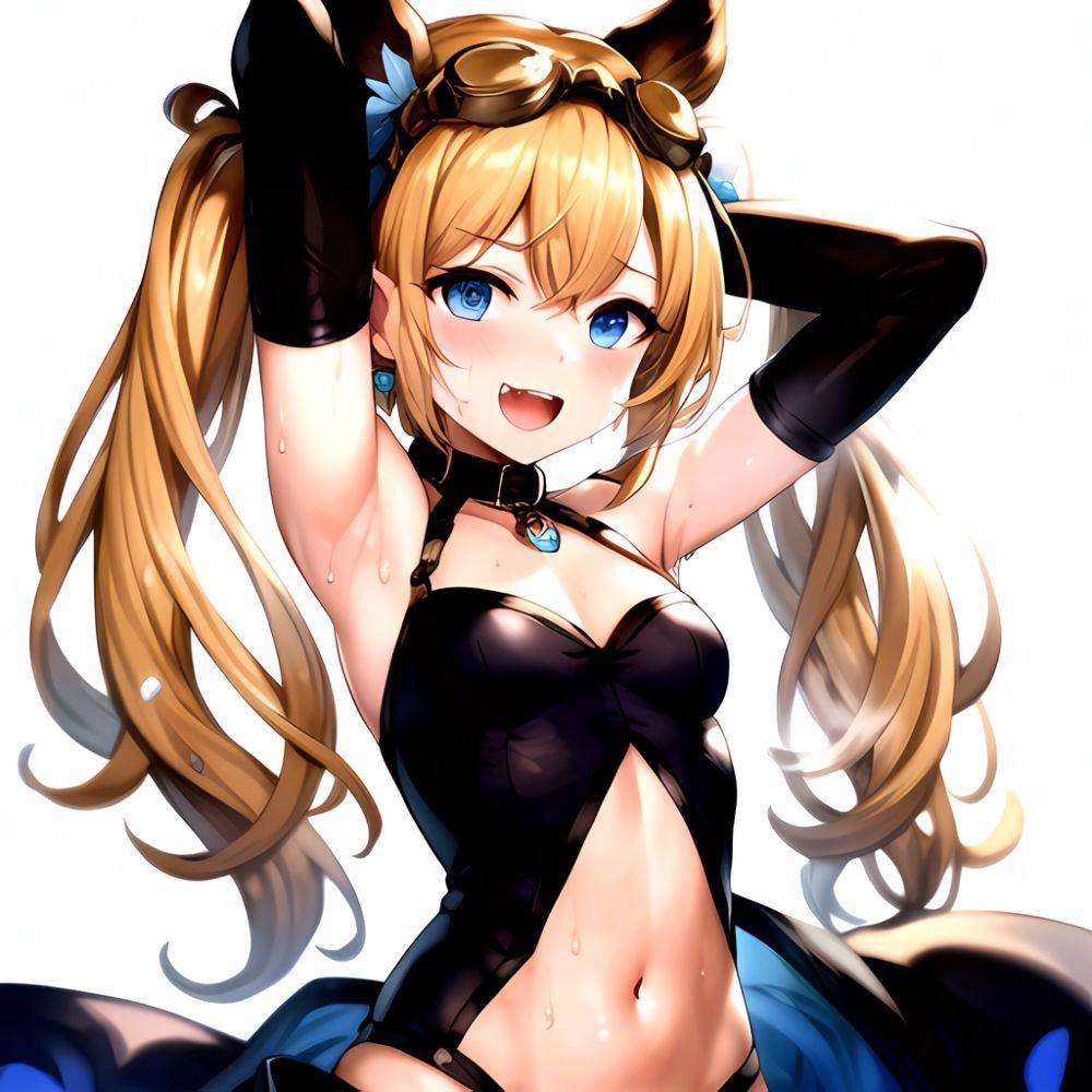 1girl Armpits Arms Behind Head Backlighting Bare Arms Bare Legs Blonde Hair Blue Eyes Blush Breasts Check Commentary Clothing Cu, 3862338897 - AIHentai - #main