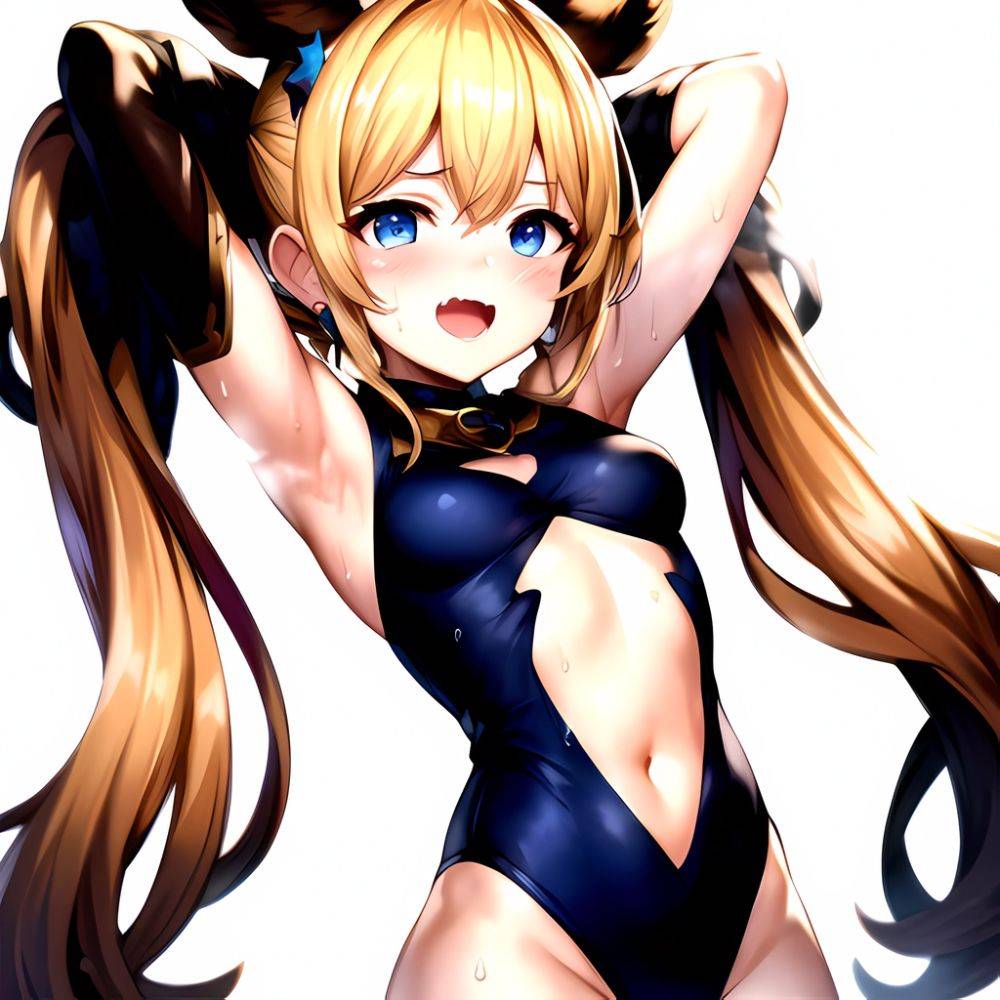 1girl Armpits Arms Behind Head Backlighting Bare Arms Bare Legs Blonde Hair Blue Eyes Blush Breasts Check Commentary Clothing Cu, 2843673643 - AIHentai - #main