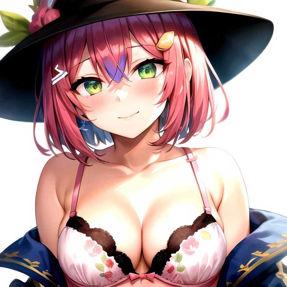 1girl Blush Bob Cut Bra Breasts Cleavage Close Up Closed Mouth Collarbone Commentary Eyelashes Eyes Visible Through Hair Floral, 1084107377 - AIHentai - #main