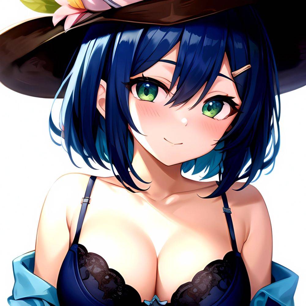 1girl Blush Bob Cut Bra Breasts Cleavage Close Up Closed Mouth Collarbone Commentary Eyelashes Eyes Visible Through Hair Floral, 723933095 - AIHentai - #main