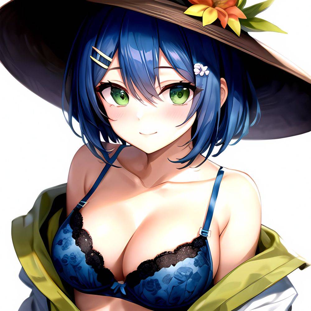 1girl Blush Bob Cut Bra Breasts Cleavage Close Up Closed Mouth Collarbone Commentary Eyelashes Eyes Visible Through Hair Floral, 164981764 - AIHentai - #main