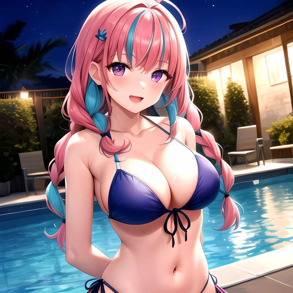 1girl Ahoge Bare Shoulders Bikini Blue Bikini Blue Hair Blush Braid Breasts Cleavage Colored Inner Hair Front Tie Bikini Top, 3705264254 - AIHentai - #main