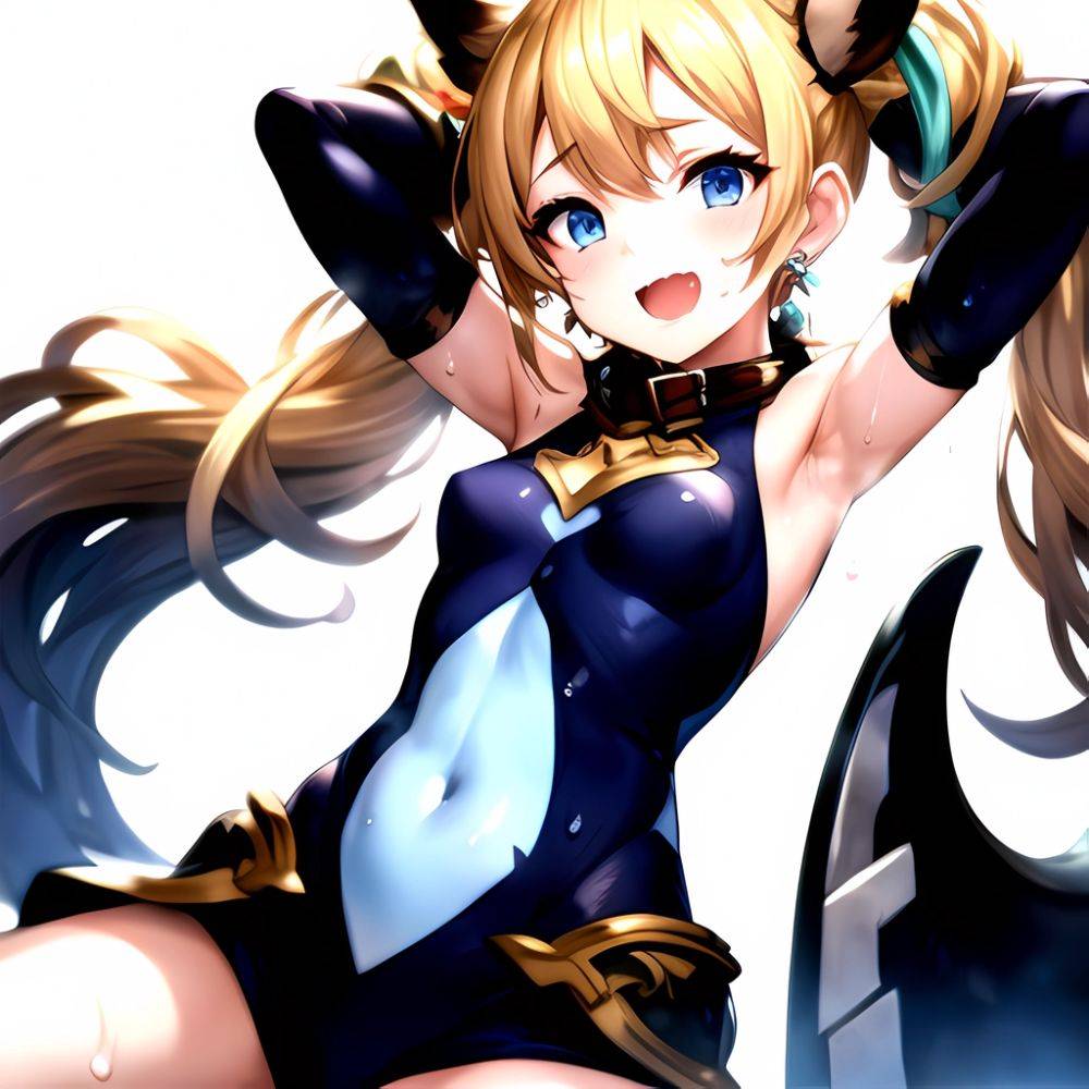 1girl Armpits Arms Behind Head Backlighting Bare Arms Bare Legs Blonde Hair Blue Eyes Blush Breasts Check Commentary Clothing Cu, 1325854837 - AIHentai - #main