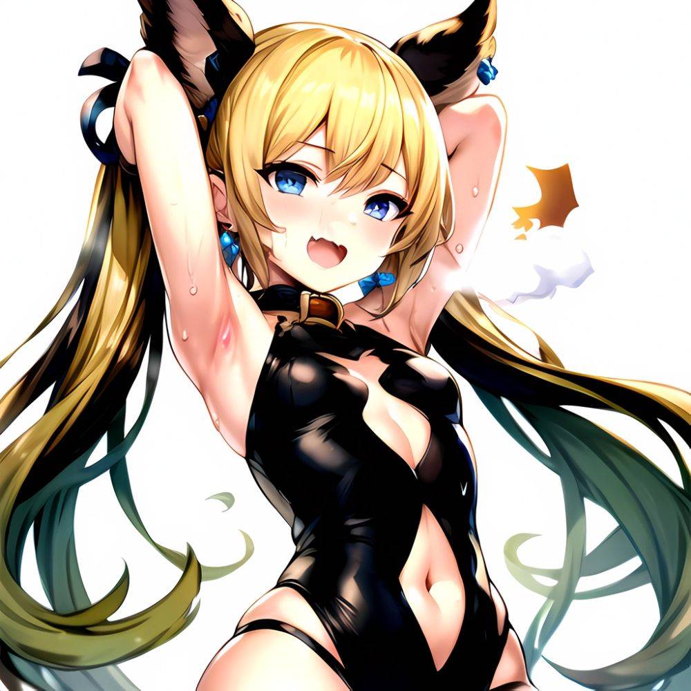 1girl Armpits Arms Behind Head Backlighting Bare Arms Bare Legs Blonde Hair Blue Eyes Blush Breasts Check Commentary Clothing Cu, 3578544525 - AIHentai - #main