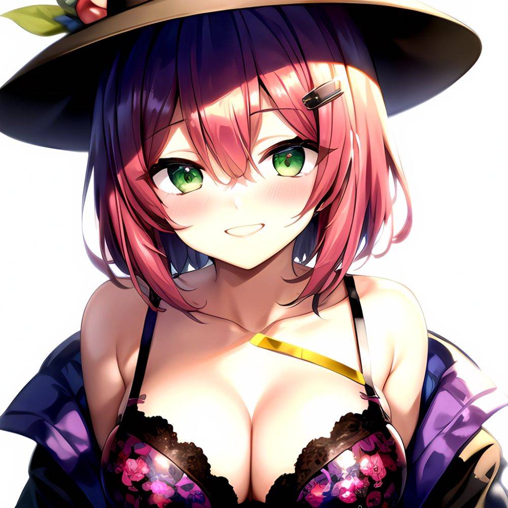 1girl Blush Bob Cut Bra Breasts Cleavage Close Up Closed Mouth Collarbone Commentary Eyelashes Eyes Visible Through Hair Floral, 3651932730 - AIHentai - #main