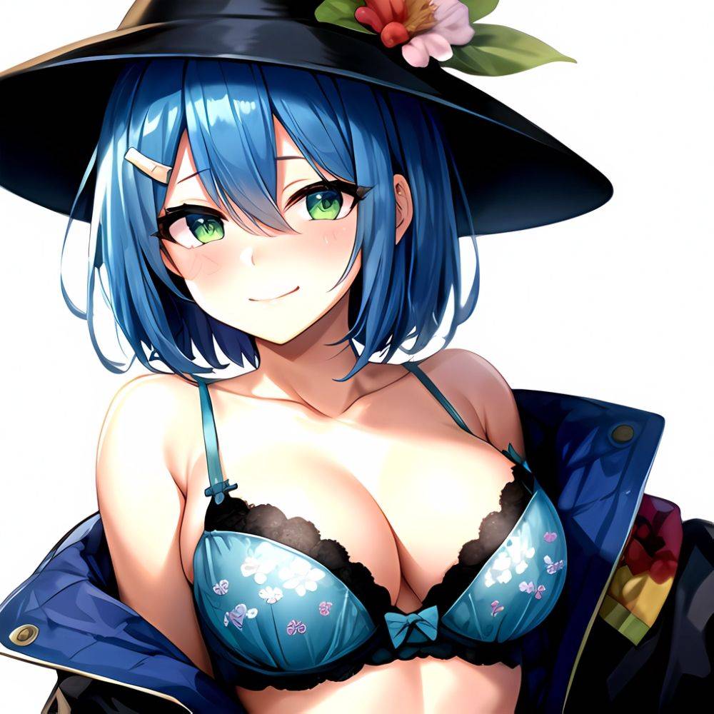 1girl Blush Bob Cut Bra Breasts Cleavage Close Up Closed Mouth Collarbone Commentary Eyelashes Eyes Visible Through Hair Floral, 3890940516 - AIHentai - #main