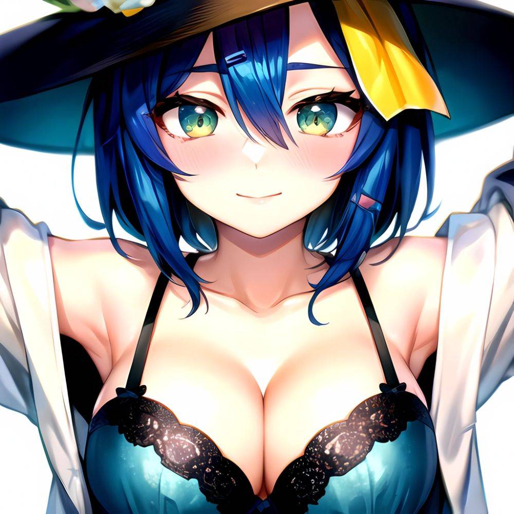 1girl Blush Bob Cut Bra Breasts Cleavage Close Up Closed Mouth Collarbone Commentary Eyelashes Eyes Visible Through Hair Floral, 1783303184 - AIHentai - #main