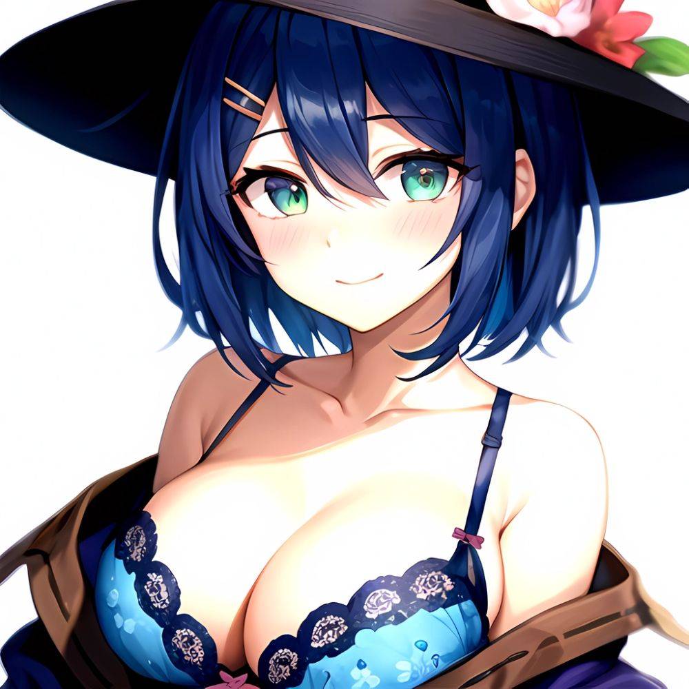 1girl Blush Bob Cut Bra Breasts Cleavage Close Up Closed Mouth Collarbone Commentary Eyelashes Eyes Visible Through Hair Floral, 4175249299 - AIHentai - #main