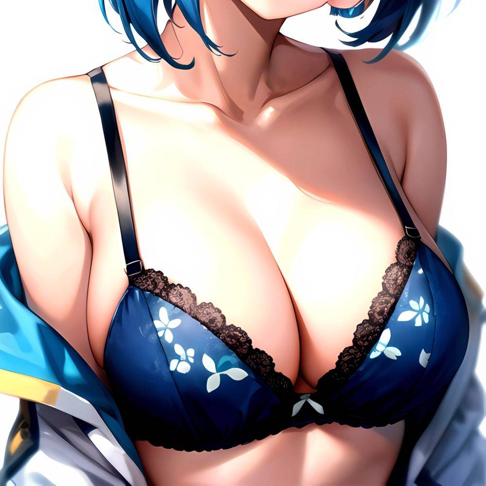 1girl Blush Bob Cut Bra Breasts Cleavage Close Up Closed Mouth Collarbone Commentary Eyelashes Eyes Visible Through Hair Floral, 2324420724 - AIHentai - #main