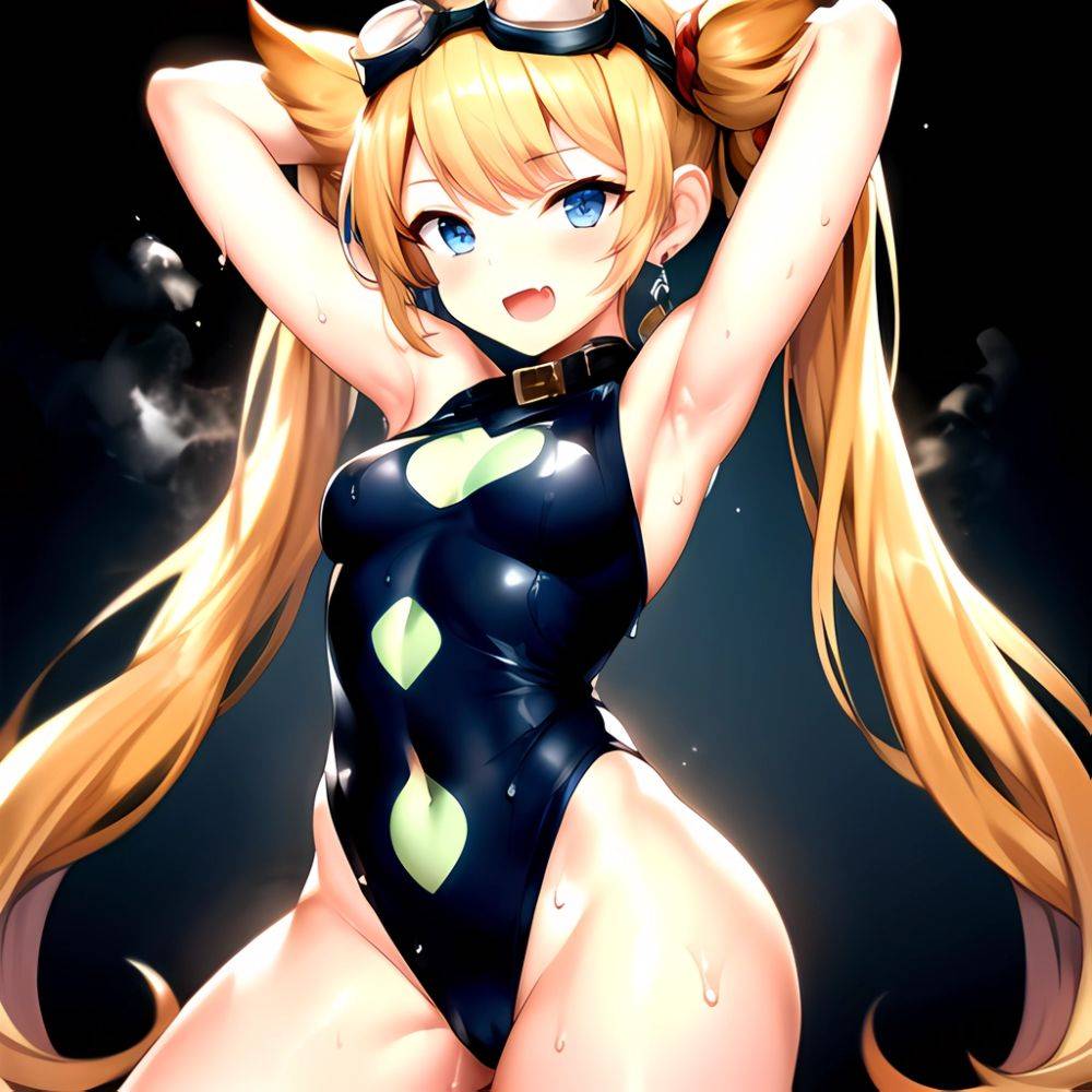 1girl Armpits Arms Behind Head Backlighting Bare Arms Bare Legs Blonde Hair Blue Eyes Blush Breasts Check Commentary Clothing Cu, 2026038855 - AIHentai - #main