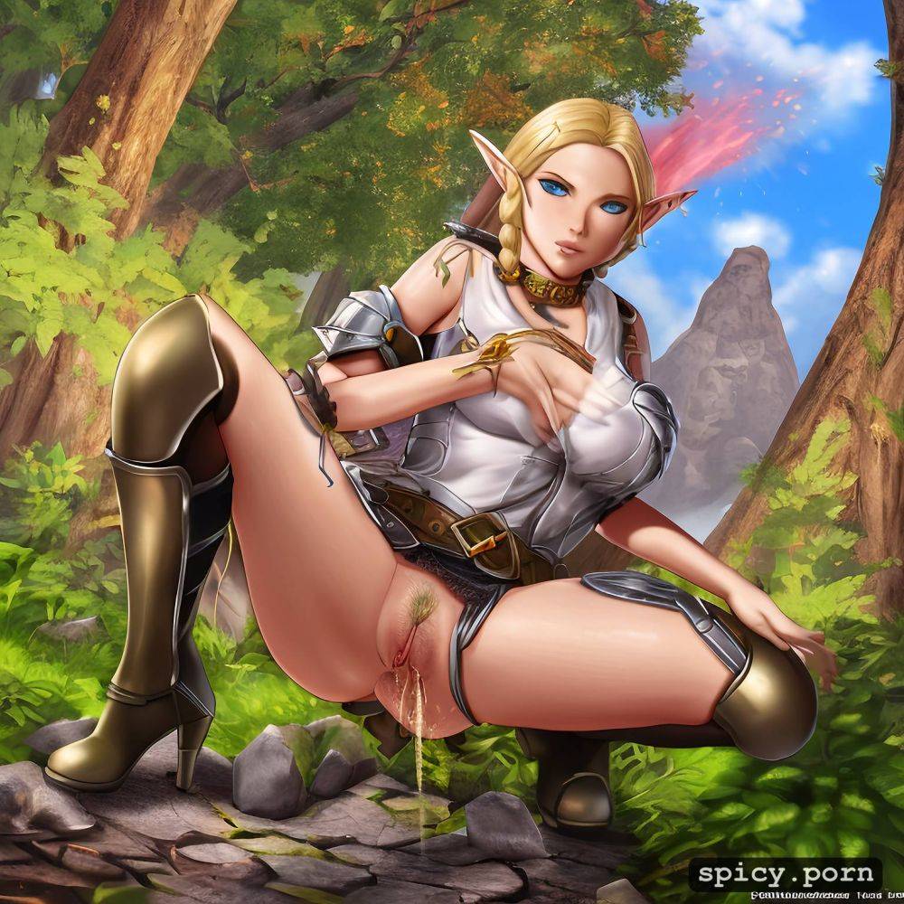 digital art, peeing, squatting, covered breasts, blond pubes - #main
