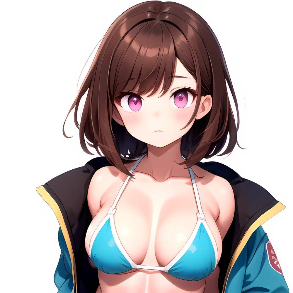 1girl Abs Bikini Breasts Brown Hair Colored Skin Jacket Large Breasts Muscular Muscular Female Pink Eyes Solo Swimsuit White Bac, 735096046 - AIHentai - #main