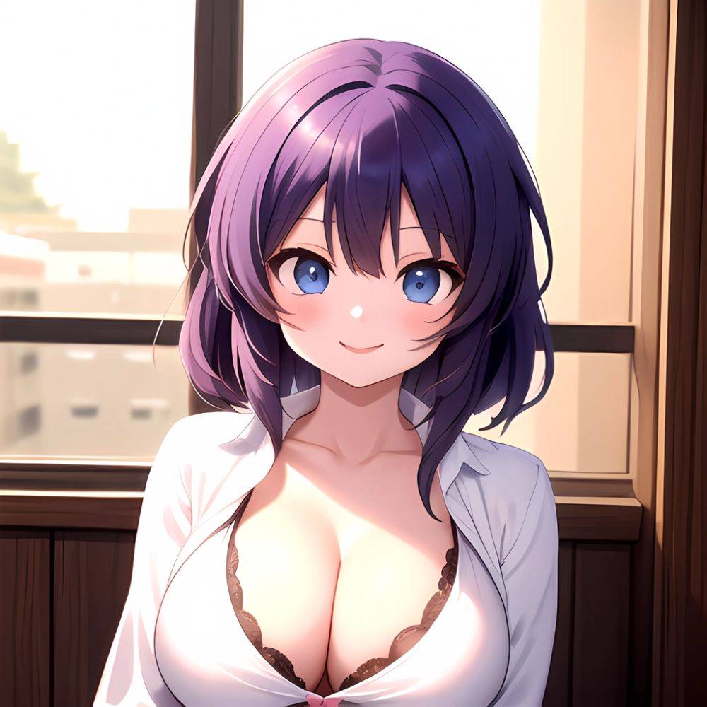 Yumi Senran Kagura 1girl Blue Eyes Breasts Cleavage Large Breasts Looking At Viewer Medium Breasts Paizuri Purple Hair Smile Upp, 1471556334 - AIHentai - #main