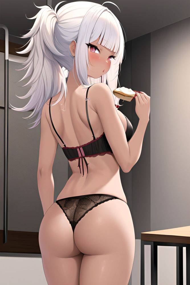 Anime Skinny Small Tits 20s Age Pouting Lips Face White Hair Messy Hair Style Dark Skin Painting Gym Back View Eating Lingerie - AI Hentai - #main