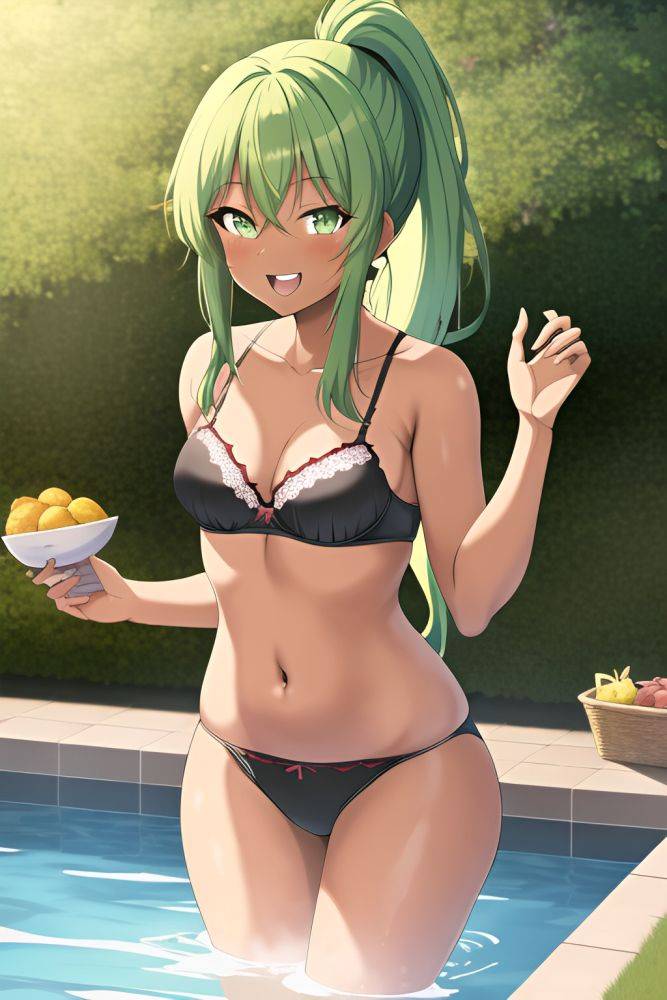 Anime Busty Small Tits 70s Age Laughing Face Green Hair Ponytail Hair Style Dark Skin Crisp Anime Grocery Front View Bathing Bra - AI Hentai - #main