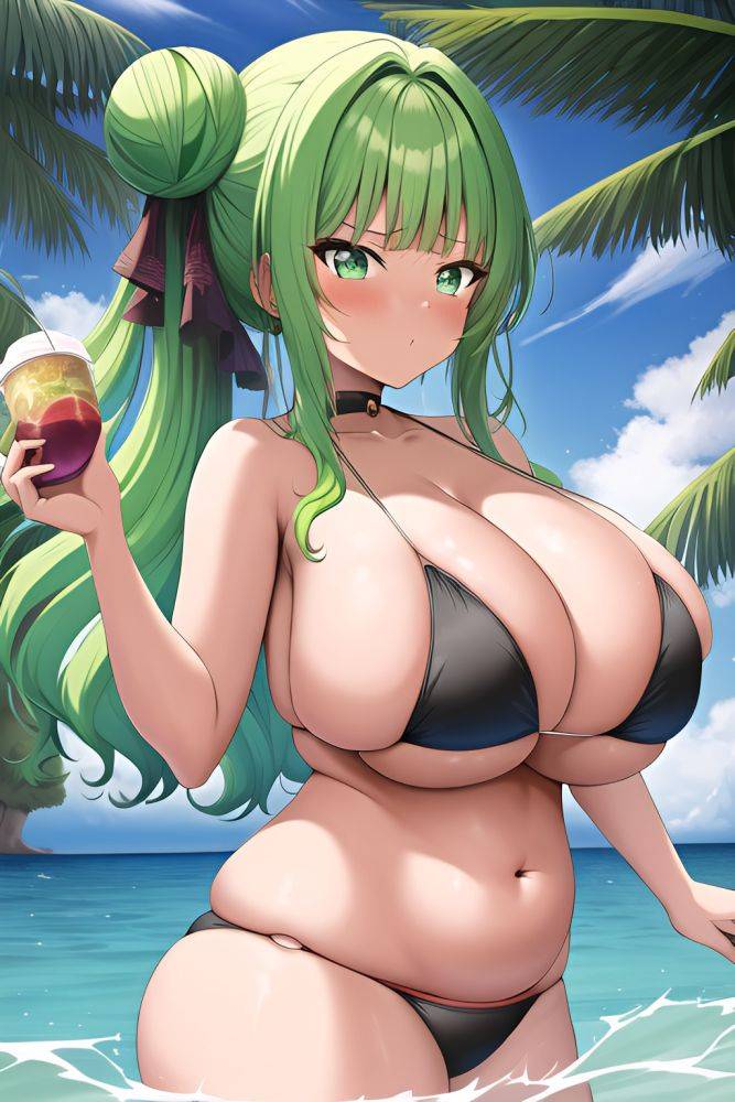 Anime Chubby Huge Boobs 80s Age Serious Face Green Hair Hair Bun Hair Style Dark Skin Vintage Club Side View Bathing Bikini - AI Hentai - #main