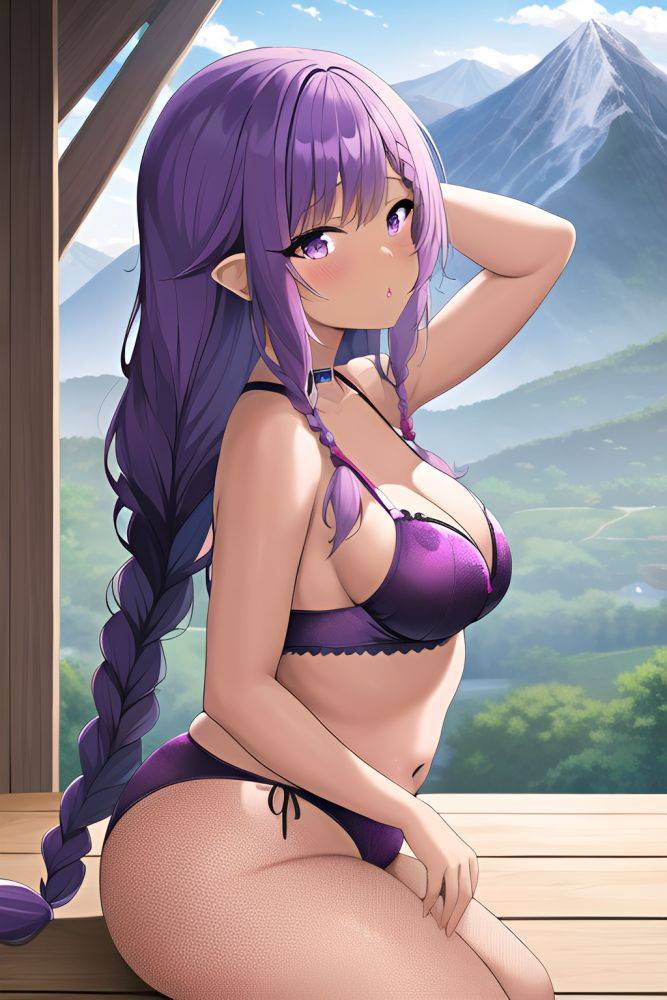 Anime Chubby Small Tits 80s Age Seductive Face Purple Hair Braided Hair Style Dark Skin Illustration Mountains Side View Cumshot Fishnet - AI Hentai - #main