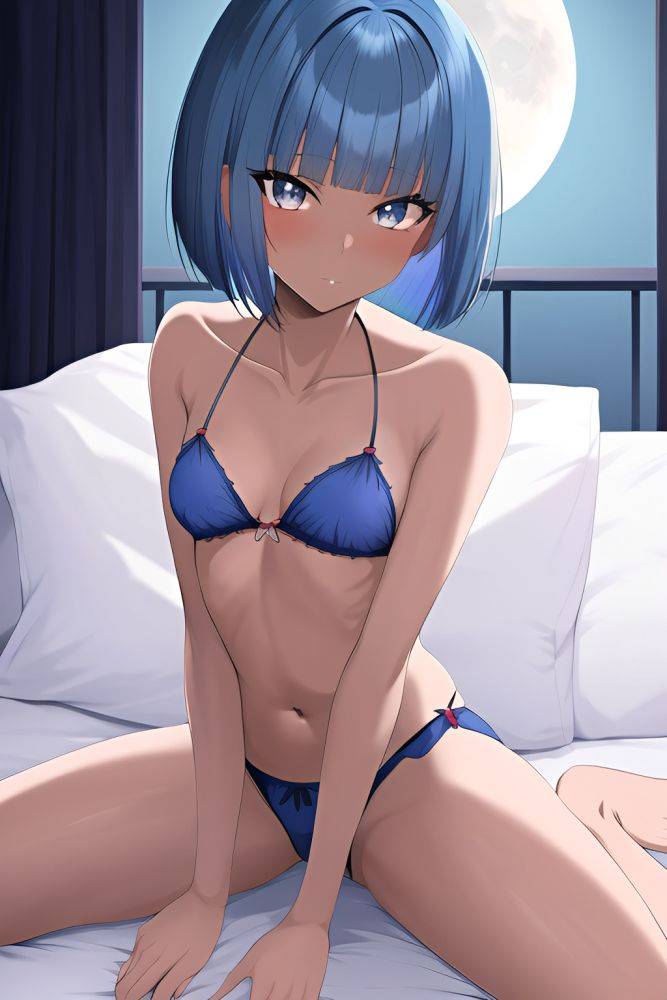 Anime Skinny Small Tits 70s Age Seductive Face Blue Hair Bobcut Hair Style Dark Skin Crisp Anime Moon Close Up View Straddling Pajamas - AI Hentai - #main