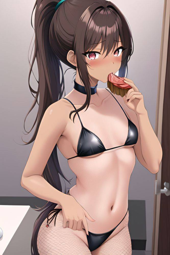Anime Skinny Small Tits 18 Age Shocked Face Brunette Ponytail Hair Style Dark Skin Crisp Anime Strip Club Close Up View Eating Fishnet - AI Hentai - #main