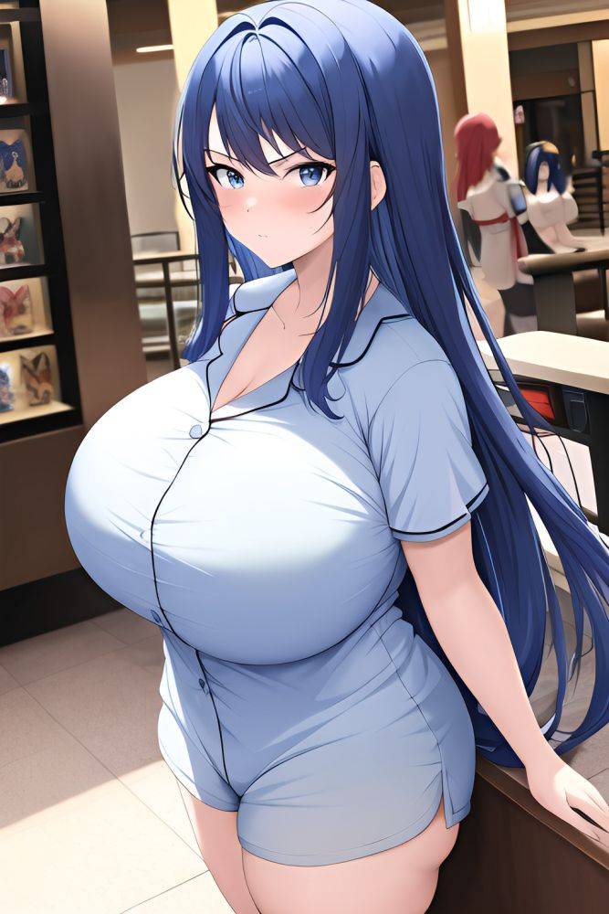 Anime Chubby Huge Boobs 30s Age Serious Face Blue Hair Straight Hair Style Light Skin Film Photo Mall Side View Gaming Pajamas - AI Hentai - #main