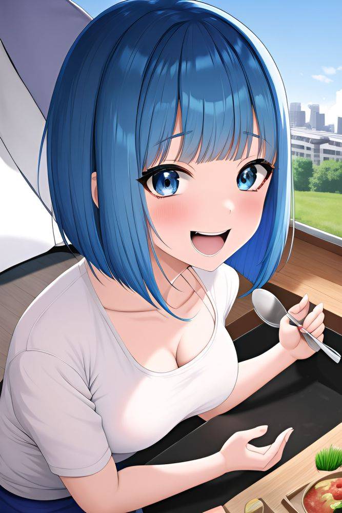 Anime Busty Small Tits 50s Age Laughing Face Blue Hair Bobcut Hair Style Light Skin Cyberpunk Tent Close Up View Cooking Teacher - AI Hentai - #main