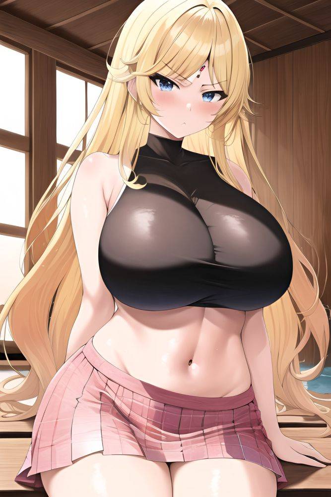 Anime Busty Huge Boobs 70s Age Serious Face Blonde Straight Hair Style Light Skin Watercolor Sauna Close Up View Plank Mini Skirt - AI Hentai - #main