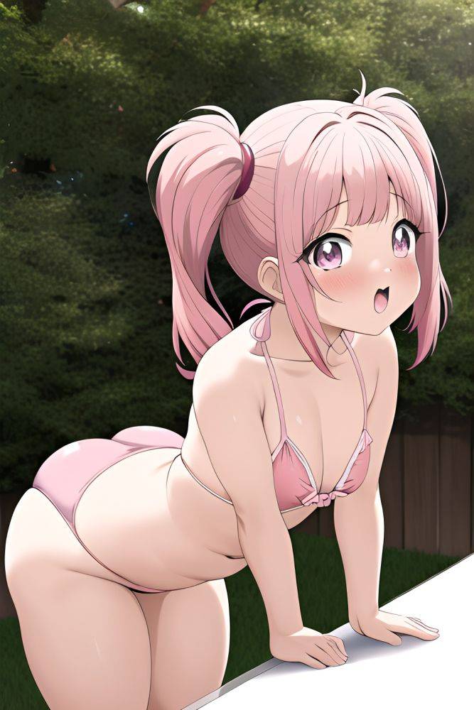 Anime Chubby Small Tits 80s Age Orgasm Face Pink Hair Pigtails Hair Style Light Skin Soft Anime Oasis Front View Bending Over Bikini - AI Hentai - #main