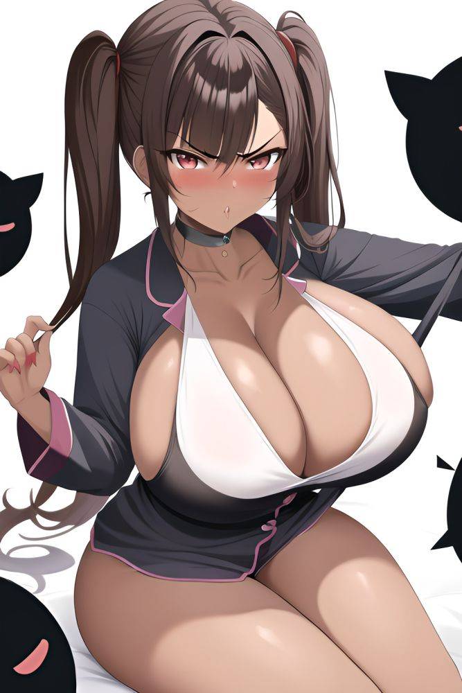 Anime Busty Huge Boobs 80s Age Angry Face Brunette Pigtails Hair Style Dark Skin Painting Club Close Up View Jumping Pajamas - AI Hentai - #main