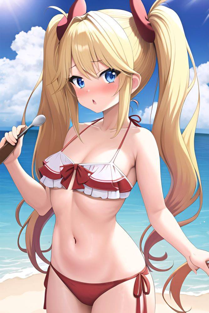 Anime Busty Small Tits 70s Age Shocked Face Blonde Pigtails Hair Style Light Skin Soft Anime Beach Front View Cooking Bikini - AI Hentai - #main
