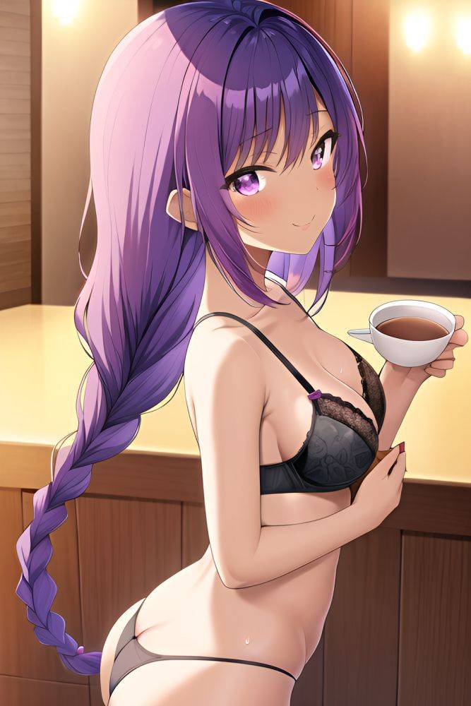 Anime Busty Small Tits 20s Age Happy Face Purple Hair Braided Hair Style Dark Skin Skin Detail (beta) Cafe Side View Bathing Bra - AI Hentai - #main