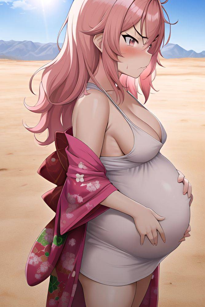 Anime Pregnant Small Tits 20s Age Angry Face Pink Hair Messy Hair Style Light Skin Film Photo Desert Side View Working Out Kimono - AI Hentai - #main