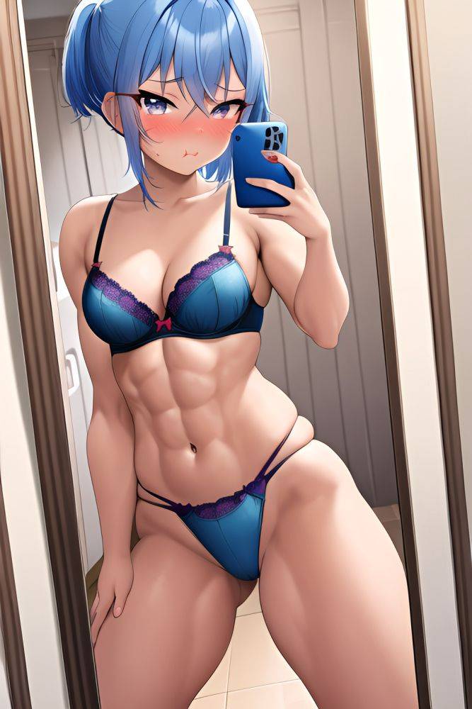 Anime Muscular Small Tits 50s Age Pouting Lips Face Blue Hair Pixie Hair Style Dark Skin Mirror Selfie Grocery Side View Spreading Legs Bra - AI Hentai - #main