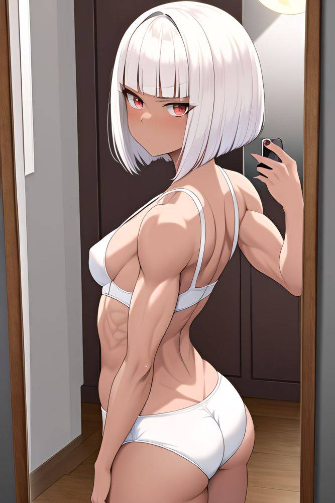 Anime Muscular Small Tits 30s Age Serious Face White Hair Bobcut Hair Style Dark Skin Mirror Selfie Moon Back View Plank Bra - AI Hentai - #main