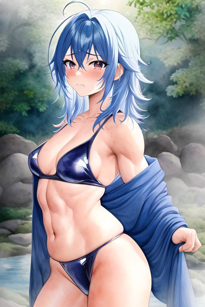 Anime Muscular Small Tits 30s Age Sad Face Blue Hair Messy Hair Style Light Skin Watercolor Onsen Close Up View Working Out Latex - AI Hentai - #main