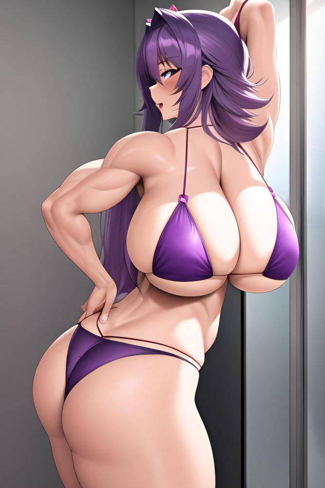 Anime Muscular Huge Boobs 50s Age Orgasm Face Purple Hair Messy Hair Style Light Skin 3d Changing Room Back View Spreading Legs Bikini - AI Hentai - #main