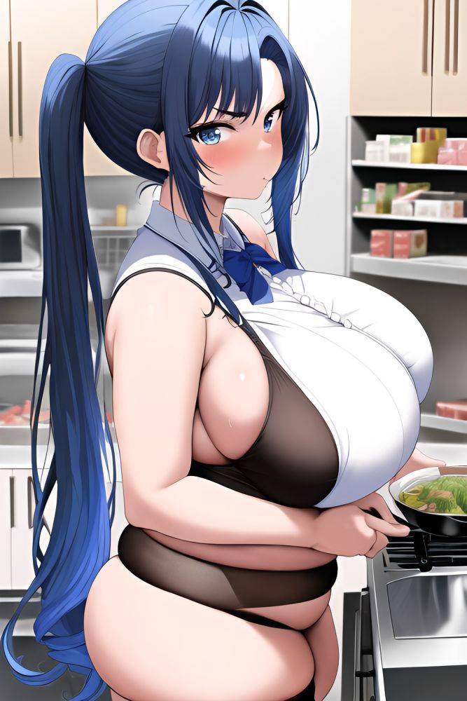 Anime Chubby Huge Boobs 20s Age Serious Face Blue Hair Pigtails Hair Style Dark Skin Black And White Grocery Side View Cooking Stockings - AI Hentai - #main