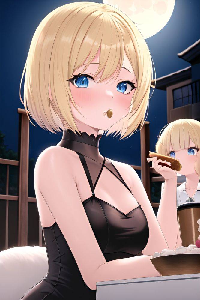 Anime Busty Small Tits 30s Age Shocked Face Blonde Bobcut Hair Style Light Skin Film Photo Moon Close Up View Eating Goth - AI Hentai - #main