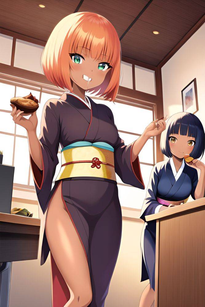 Anime Skinny Small Tits 60s Age Happy Face Ginger Bobcut Hair Style Dark Skin Illustration Office Front View Eating Kimono - AI Hentai - #main