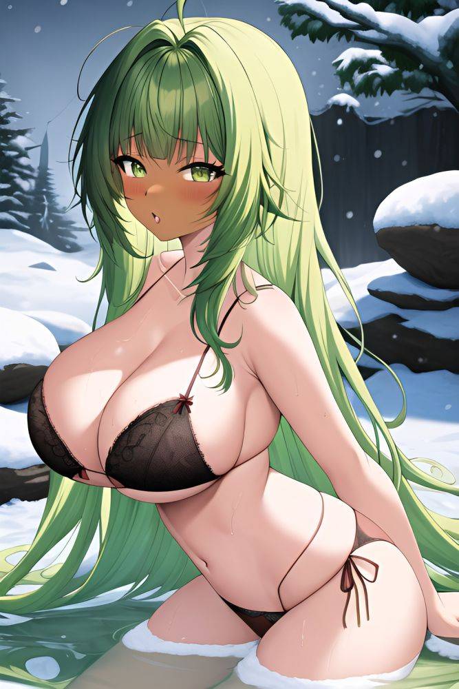 Anime Skinny Huge Boobs 18 Age Orgasm Face Green Hair Messy Hair Style Dark Skin Vintage Snow Side View Bathing Lingerie - AI Hentai - #main