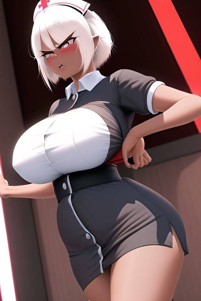 Anime Skinny Huge Boobs 60s Age Angry Face White Hair Pixie Hair Style Dark Skin 3d Strip Club Front View Jumping Nurse - AI Hentai - #main